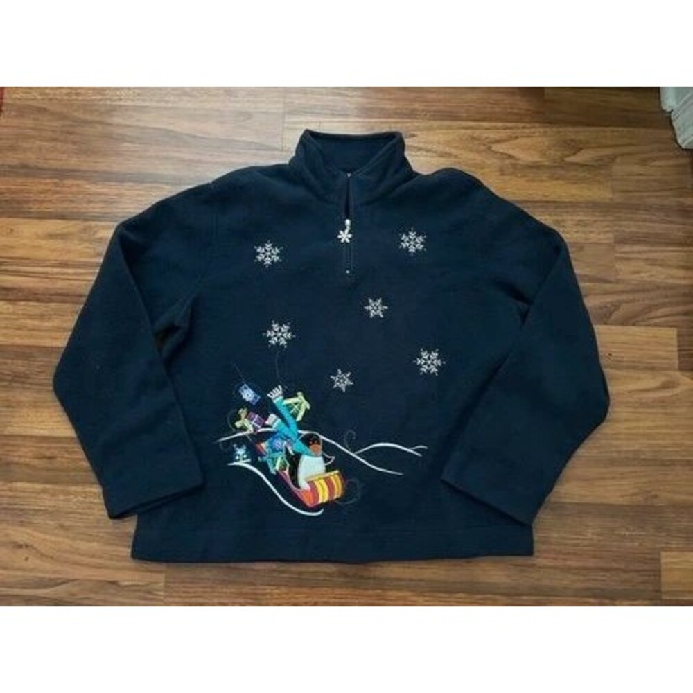 White Stag Fleece 1/4 Zip Penguin Snowflake Pullover Size L